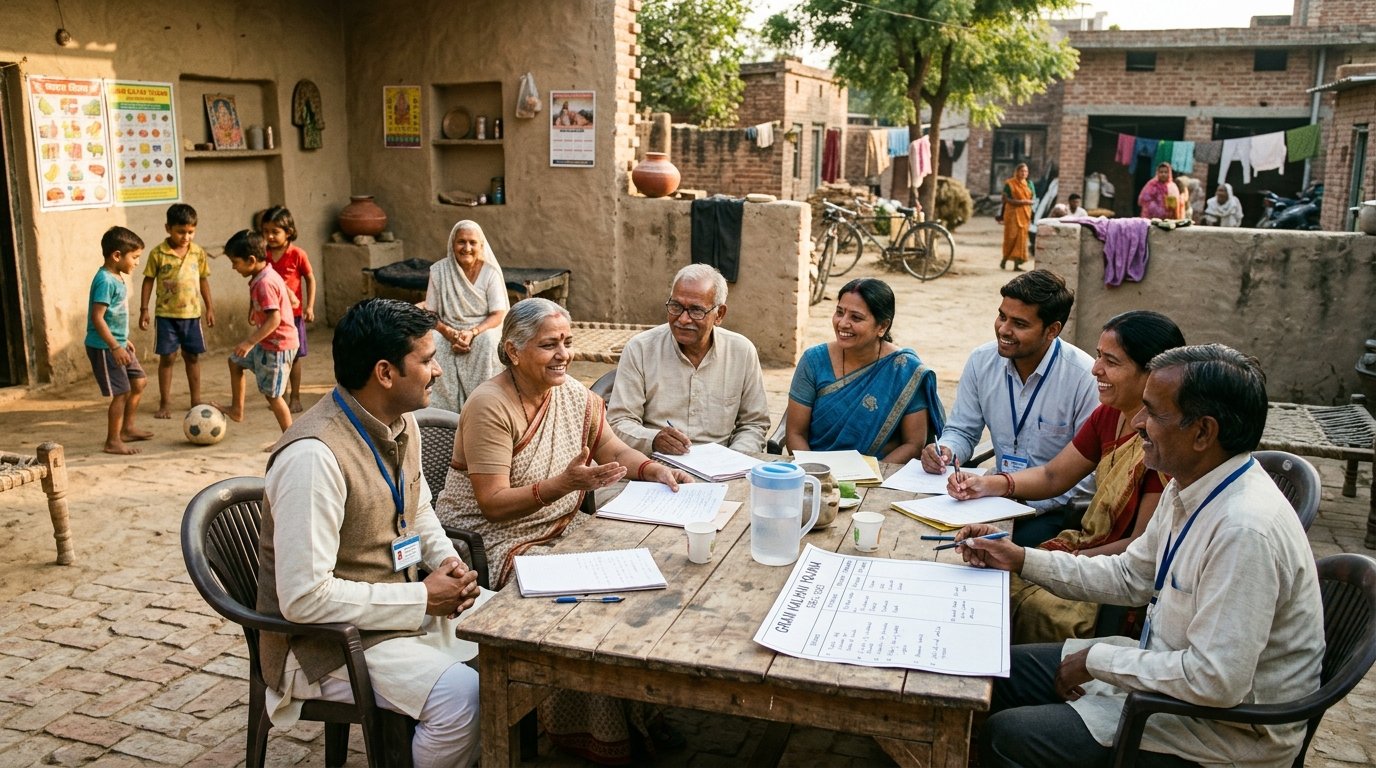 JUSM Trust founders and community members discussing village initiatives in Haryana